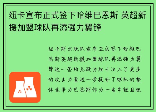 纽卡宣布正式签下哈维巴恩斯 英超新援加盟球队再添强力翼锋
