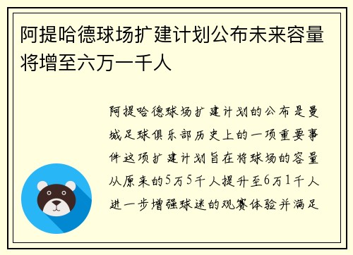 阿提哈德球场扩建计划公布未来容量将增至六万一千人