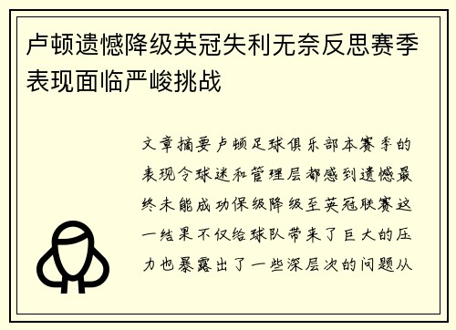 卢顿遗憾降级英冠失利无奈反思赛季表现面临严峻挑战